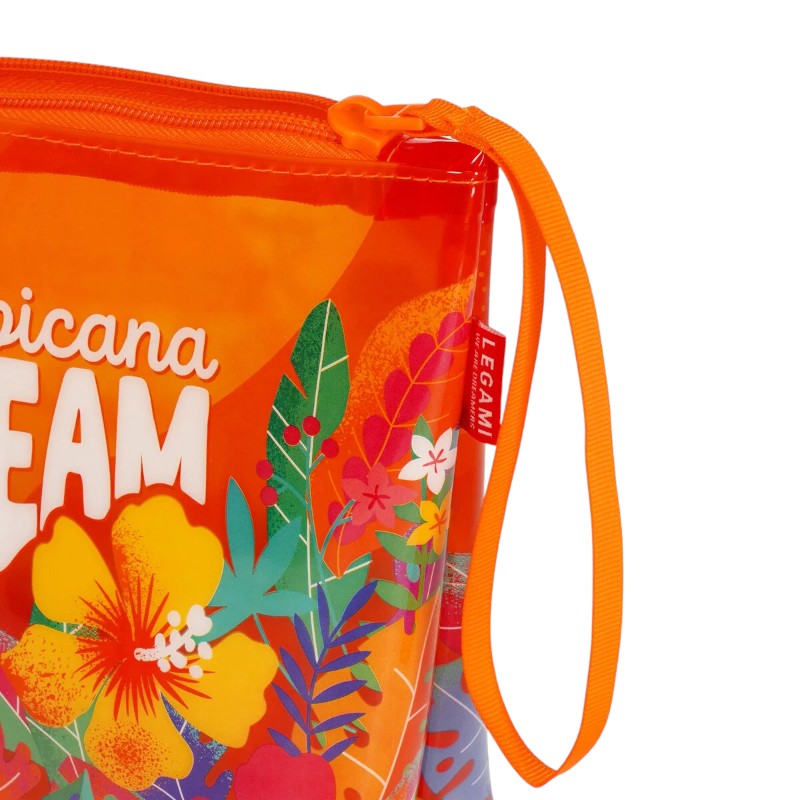 Pochette mare Legami Tropicana Dream 20x16cm: TPU impermeabile, zip arancione, laccetto incluso. Design floreale tropicale. Scoprila su Viano Shop!
