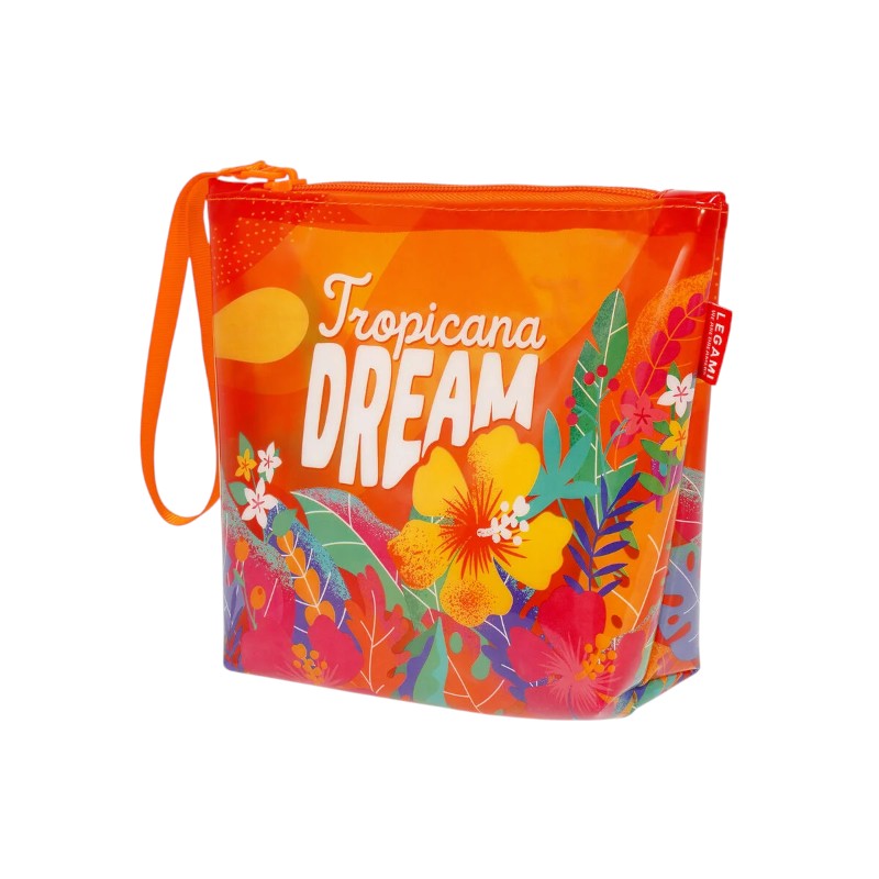 Pochette mare Legami Tropicana Dream 20x16cm: TPU impermeabile, zip arancione, laccetto incluso. Design floreale tropicale. Scoprila su Viano Shop!
