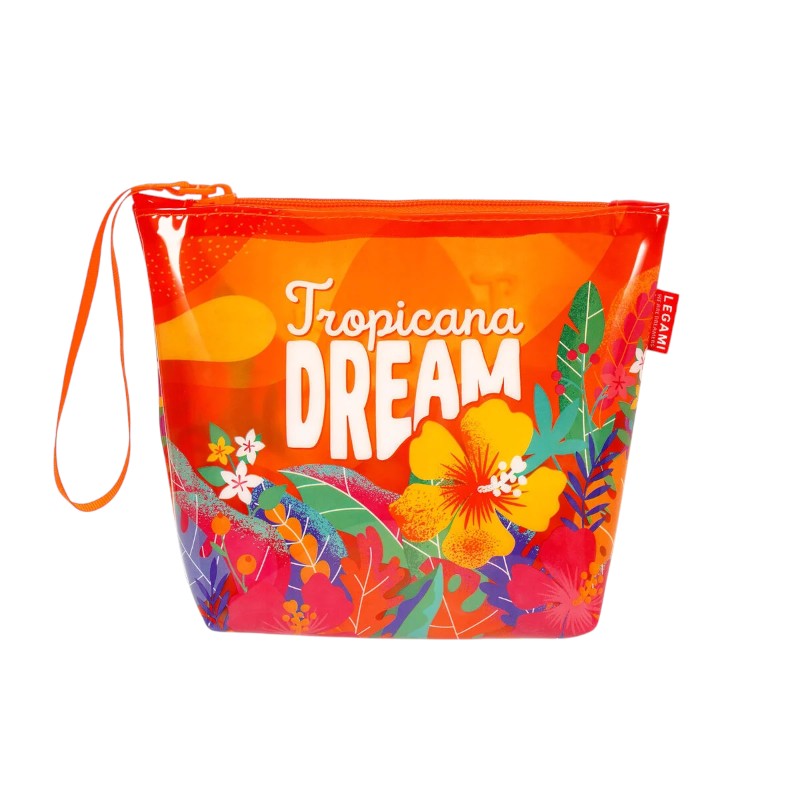 Pochette mare Legami Tropicana Dream 20x16cm: TPU impermeabile, zip arancione, laccetto incluso. Design floreale tropicale. Scoprila su Viano Shop!
