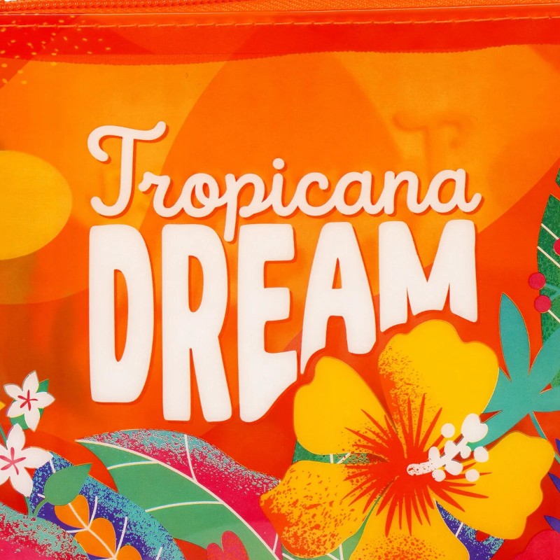 Pochette mare Legami Tropicana Dream 20x16cm: TPU impermeabile, zip arancione, laccetto incluso. Design floreale tropicale. Scoprila su Viano Shop!
