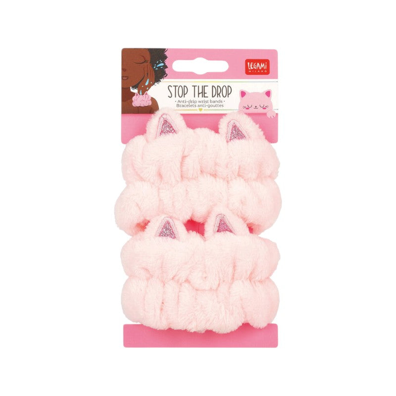 Polsini antigoccia Legami Gatto Stop the Drop: coppia di fasce rosa morbide per lavare il viso senza bagnarsi. Scoprili su Viano Shop!