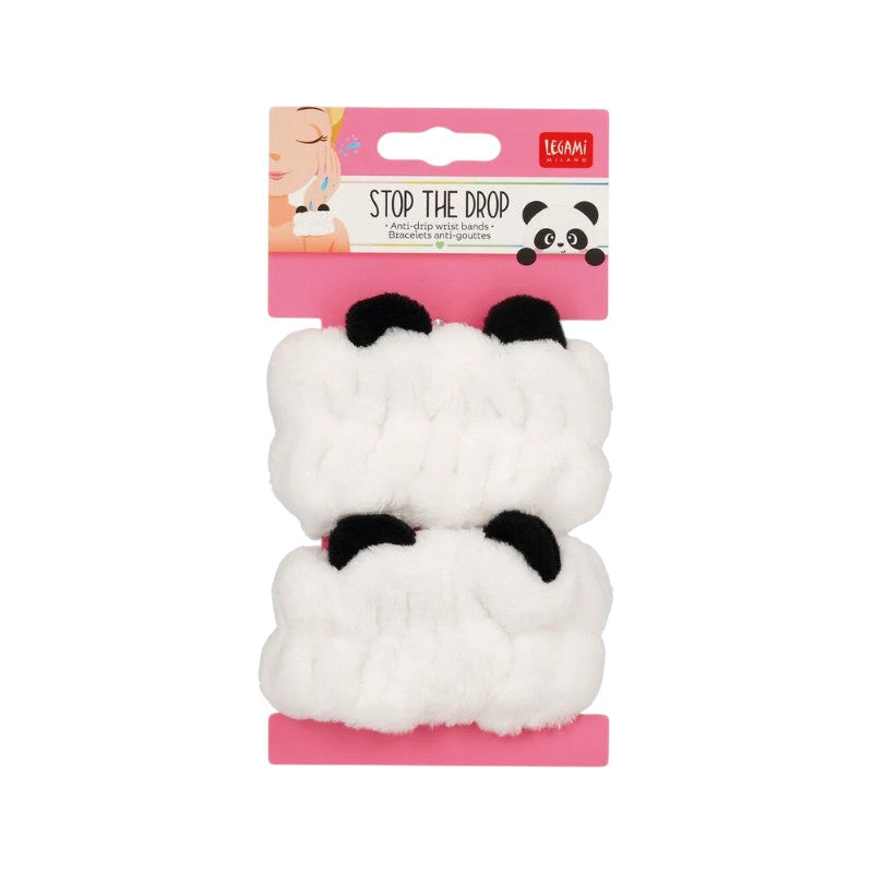 Polsini antigoccia Legami Panda Stop the Drop: coppia di fasce morbide per lavare il viso senza bagnarsi. Scoprili su Viano Shop!