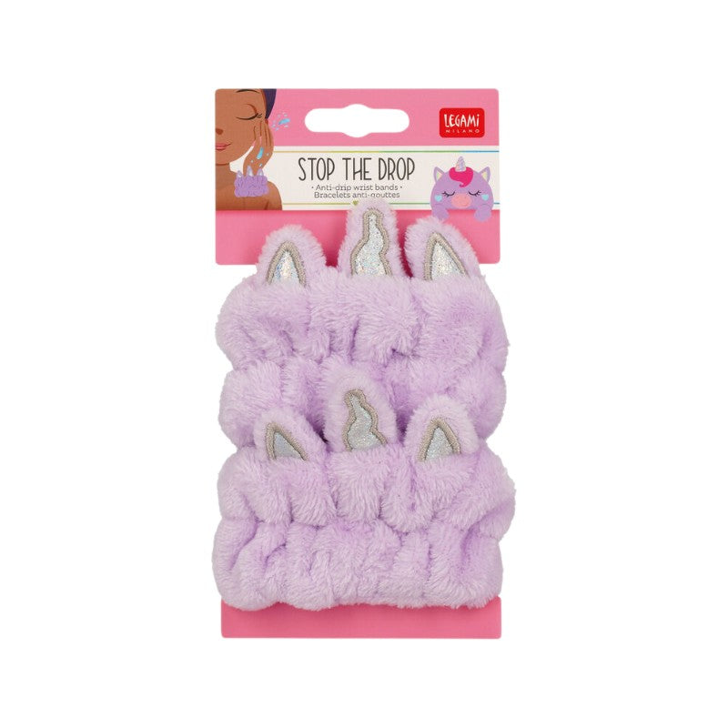 Polsini antigoccia Legami Unicorno Stop the Drop: coppia di fasce morbide per lavare il viso senza bagnarsi. Scoprili su Viano Shop!