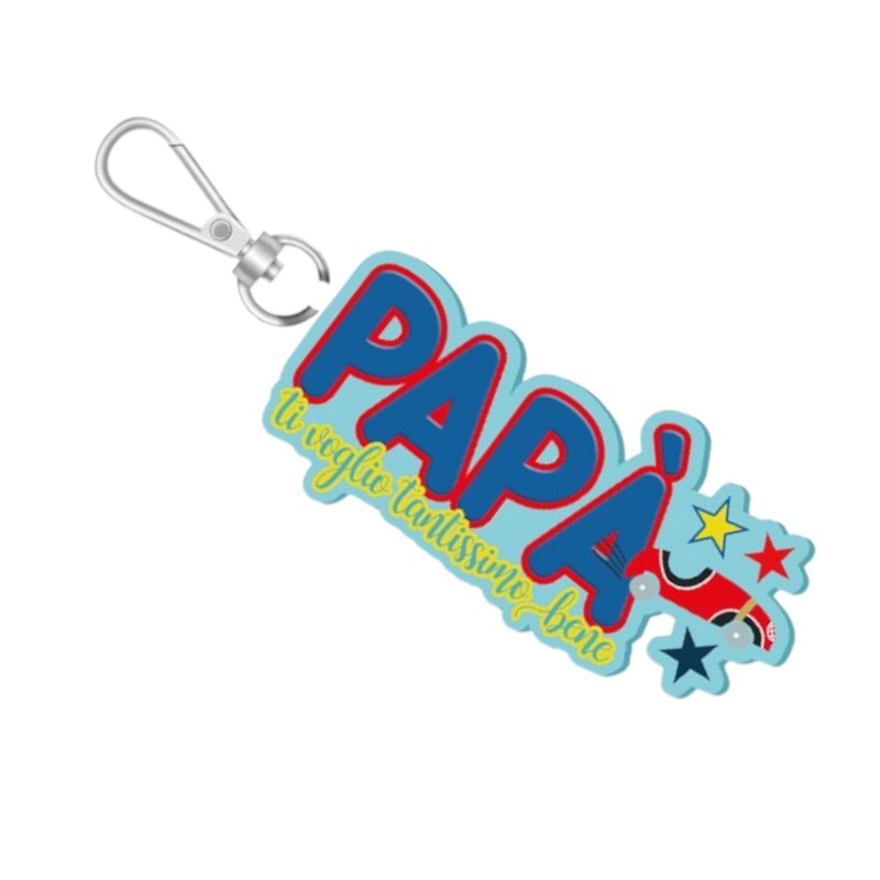 Portachiavi regalo in Pvc con la scritta "Papà, ti voglio tantissimo bene" ed il disegno di una macchinina