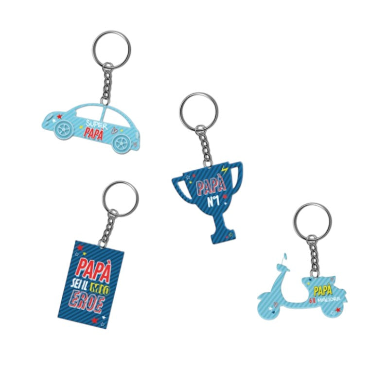 Portachiavi regalo in legno per la festa del papà a forma di: macchina, vespa, coppa e scritta