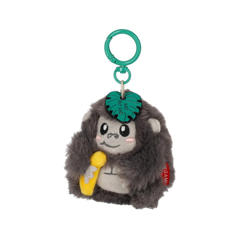Portachiavi peluche gorilla Legami — ciondolo morbido kawaii, fogliolina Wild But Kind, bananina, moschettone verde. Regalo originale da appendere.