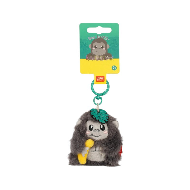 Portachiavi peluche gorilla Legami — ciondolo morbido kawaii, fogliolina Wild But Kind, bananina, moschettone verde. Regalo originale da appendere.