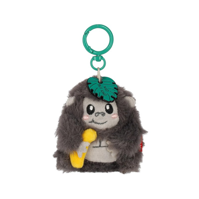 Portachiavi peluche gorilla Legami — ciondolo morbido kawaii, fogliolina Wild But Kind, bananina, moschettone verde. Regalo originale da appendere.