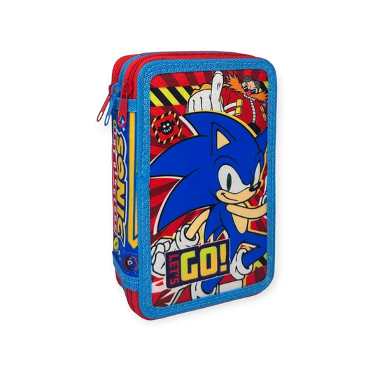 Fantastico astuccio a tre scomparti composto da matite e pennarelli Giotto a tema Sonic