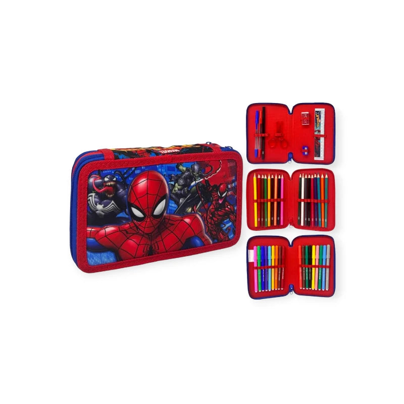 Fantastico astuccio a tre scomparti composto da matite e pennarelli Giotto a tema Spiderman