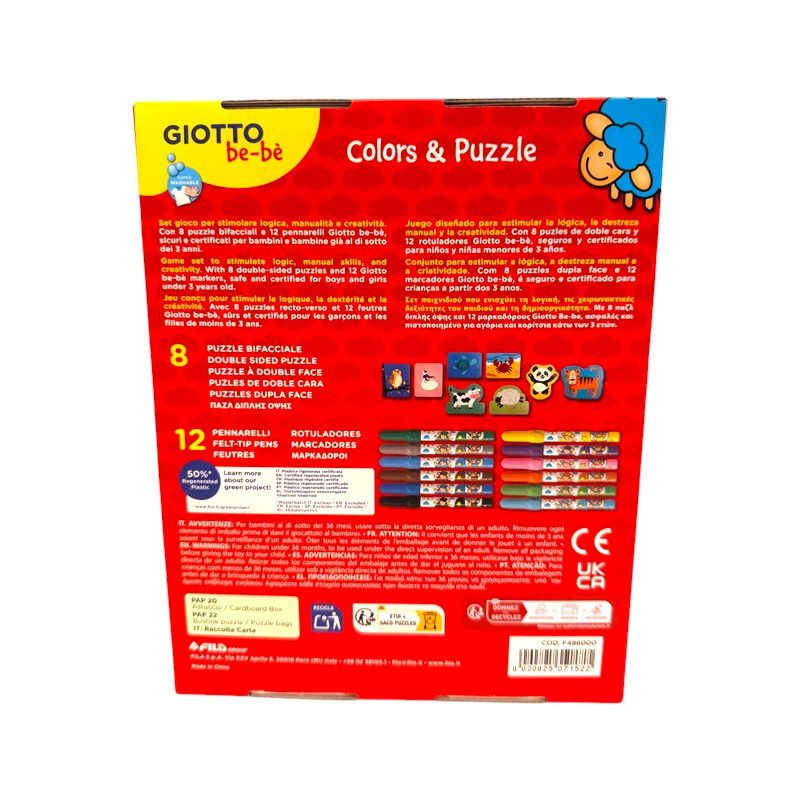 Giotto be-bè Colors & Puzzle: 8 puzzle di animali da colorare e 12 pennarelli super lavabili per i più piccoli. Su Viano Shop!
