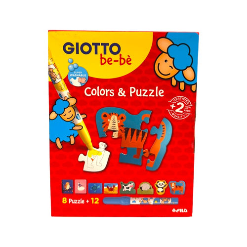 Giotto be-bè Colors & Puzzle: 8 puzzle di animali da colorare e 12 pennarelli super lavabili per i più piccoli. Su Viano Shop!