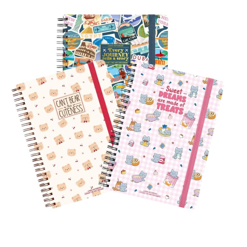Quaderni A5 spiralati Legami a righe con copertine kawaii ed elastico: perfetti per appunti, diario e viaggi. Scopri tutte le varianti su Viano Shop!