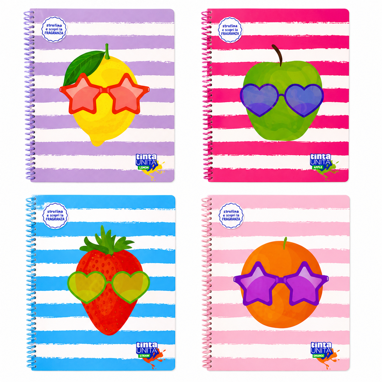 Quaderno A4 spiralato Tinta Unita Juice: copertina rigida profumata e design bold. Limited edition in 4 varianti frutta. Perfetto per scuola e lavoro.