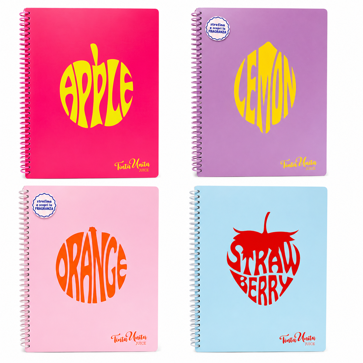 Quaderno A4 spiralato Tinta Unita Juice: copertina rigida profumata e design bold. Limited edition in 4 varianti frutta. Perfetto per scuola e lavoro.