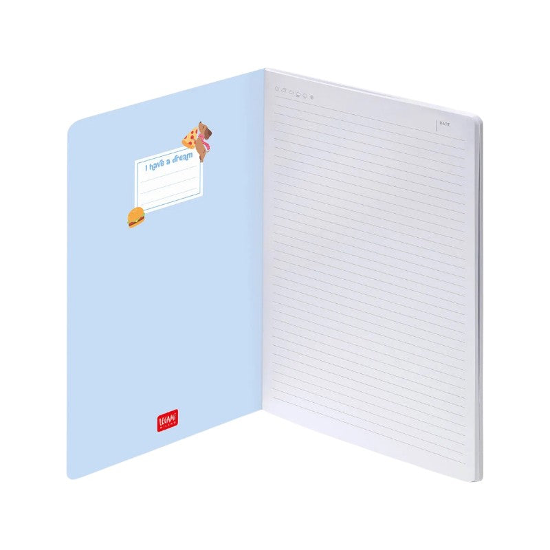 Quaderno Legami Paws Up For Pizza: formati A5/A6, 80 pagine a righe 100g/m2, copertina kawaii bassotti. Il notebook goloso per la scuola!