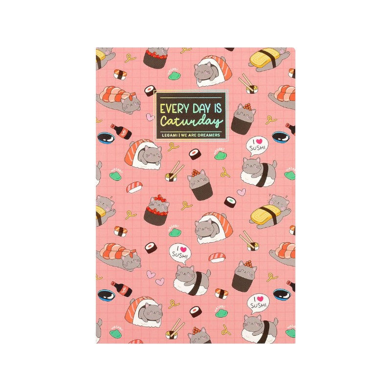 Quaderno Legami Every Day Is Catunday: formati A5/A6, 80 pagine a righe 100g/m2, copertina kawaii gatti sushi. Il notebook per la scuola!