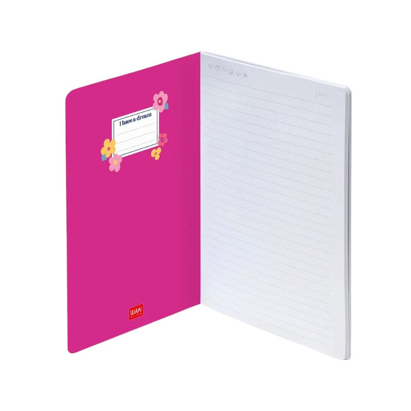 Quaderno Legami a righe La Vie est Belle con fiori colorati e scritta metallizzata, in formato A5, A6 e B5. Su Viano Shop!