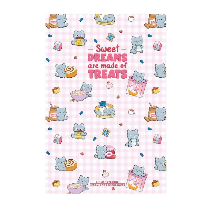 Quaderno Legami a righe Sweet Dreams are Made of Treats con gattini e dolcetti kawaii, in formato A5, A6 e B5. Su Viano Shop!