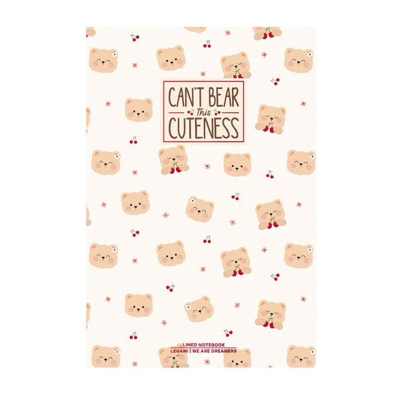 Quaderno Legami a righe Can’t Bear This Cuteness con orsetti e ciliegie kawaii, in formato A5, A6 e B5. Scoprilo su Viano Shop!