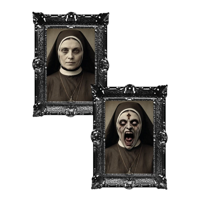 Quadro olografico di Halloween con suora che si trasforma in demone: effetto lenticolare che cambia immagine, cornice barocca. Su Viano Shop!