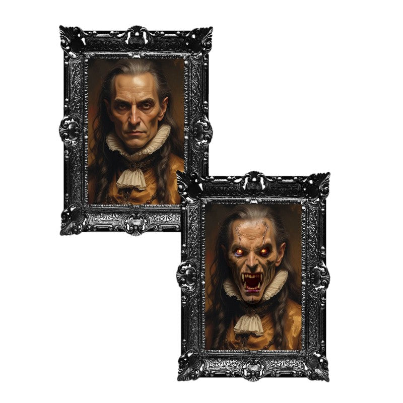 Quadro olografico di Halloween con nobile che si trasforma in vampiro: effetto lenticolare e cornice barocca. Scoprilo su Viano Shop!