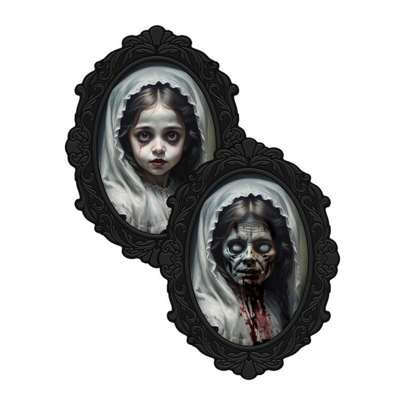 Quadro olografico di Halloween con bambina velata che si trasforma in zombie: effetto lenticolare e cornice ovale gotica. Su Viano Shop!