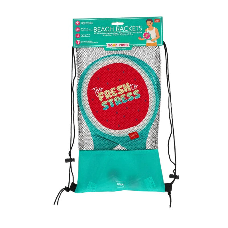 Racchette spiaggia Legami Watermelon: 2 racchettoni neoprene + 2 palline + sacca. Design anguria Too Fresh to Stress. Il set beach tennis più trendy dell'estate!
