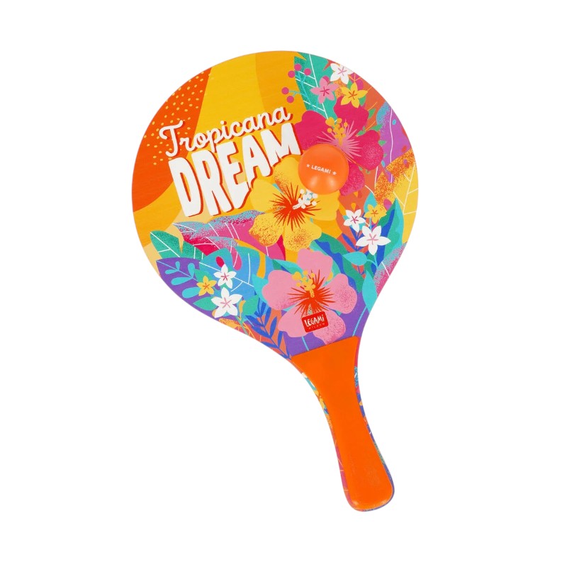 Racchette spiaggia Legami Tropicana Dream: 2 racchette in legno + 3 palline arancioni. Design floreale tropicale. Il set beach tennis più esotico dell'estate!
