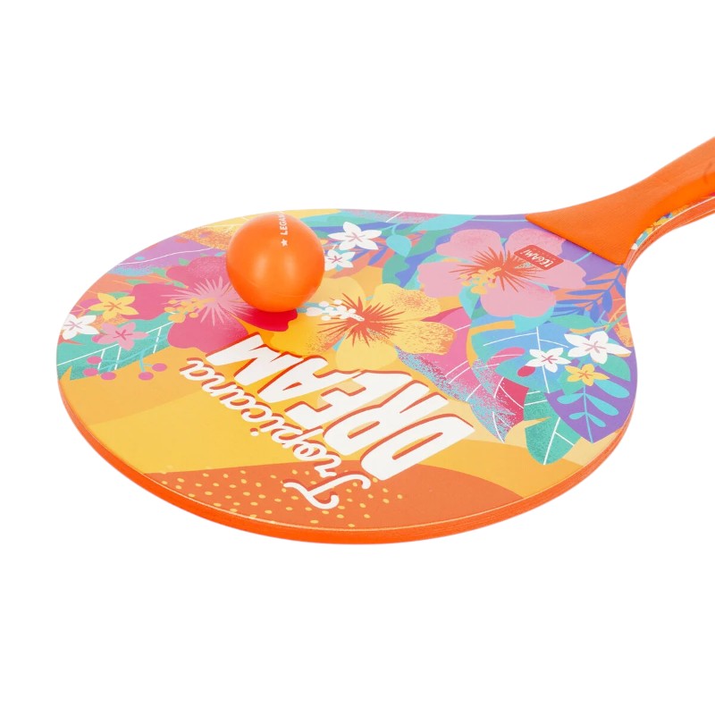 Racchette spiaggia Legami Tropicana Dream: 2 racchette in legno + 3 palline arancioni. Design floreale tropicale. Il set beach tennis più esotico dell'estate!
