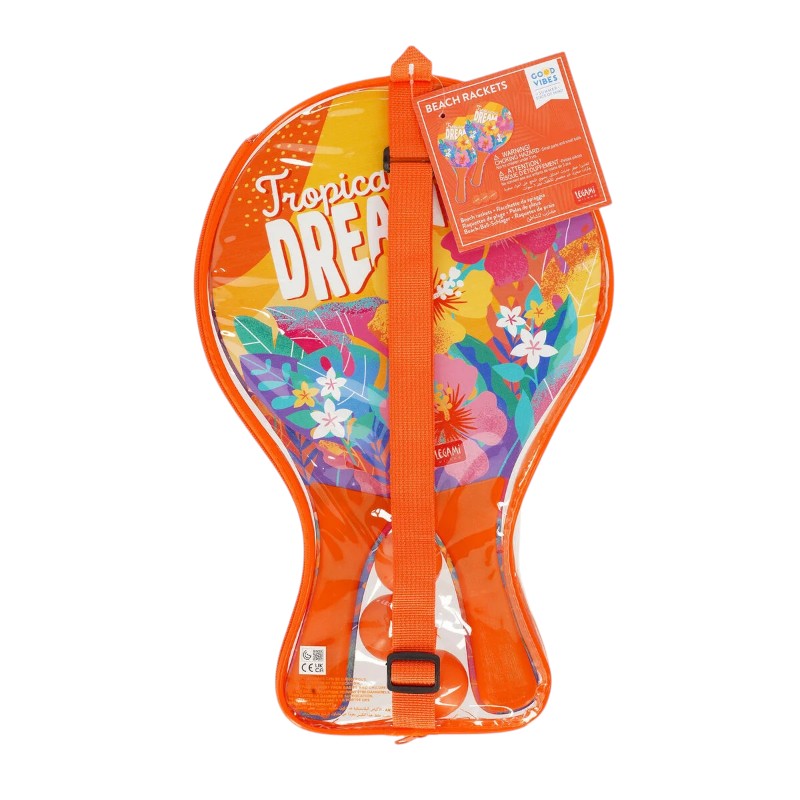 Racchette spiaggia Legami Tropicana Dream: 2 racchette in legno + 3 palline arancioni. Design floreale tropicale. Il set beach tennis più esotico dell'estate!
