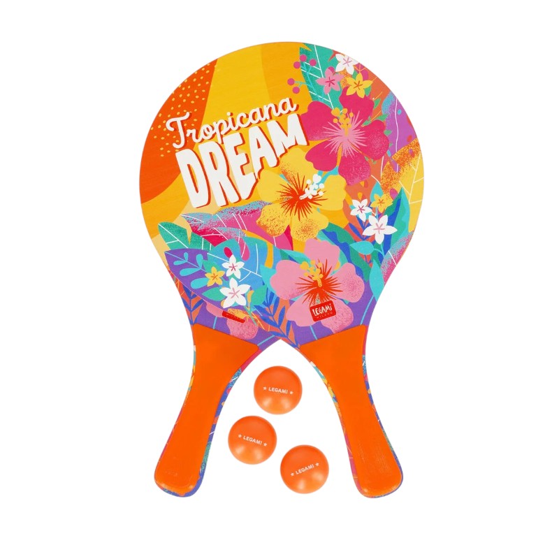 Racchette spiaggia Legami Tropicana Dream: 2 racchette in legno + 3 palline arancioni. Design floreale tropicale. Il set beach tennis più esotico dell'estate!
