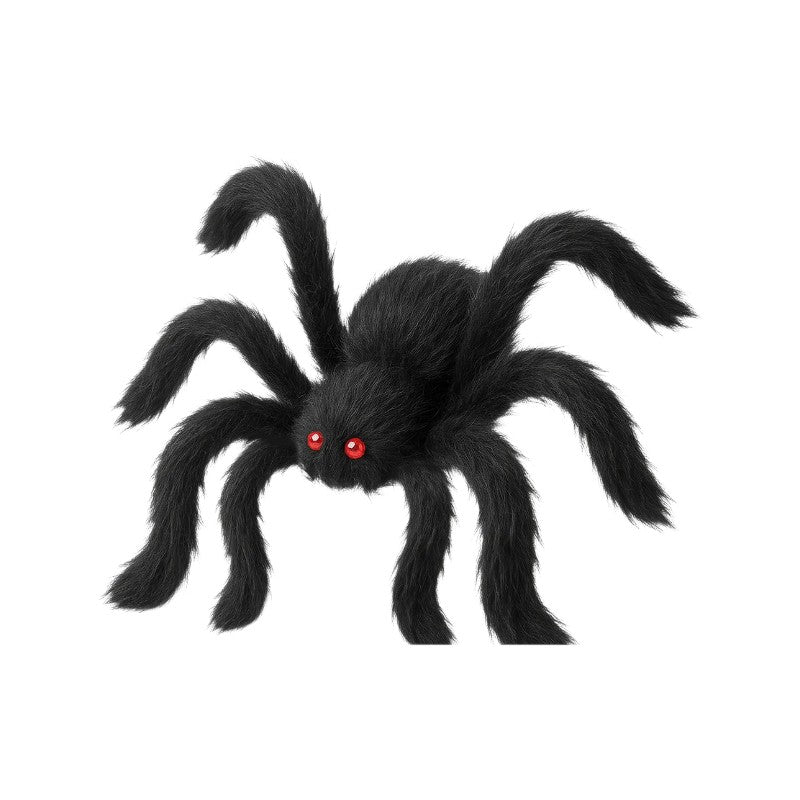 Ragno peloso decorativo di Halloween nero con occhi rossi: decorazione horror realistica per porte, ragnatele e feste a tema. Su Viano Shop!