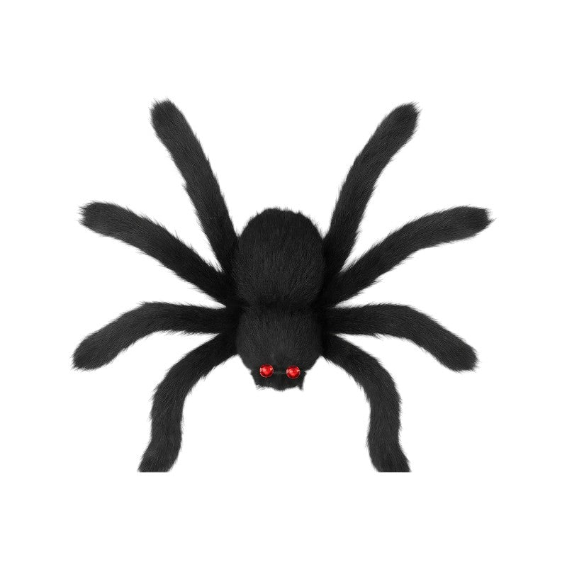 Ragno peloso decorativo di Halloween nero con occhi rossi: decorazione horror realistica per porte, ragnatele e feste a tema. Su Viano Shop!