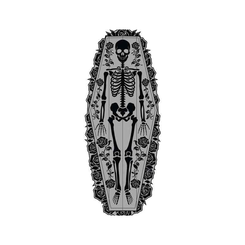 Runner da tavola di Halloween a forma di bara con scheletro e rose effetto pizzo: centrotavola gotico per la tua festa. Su Viano Shop!