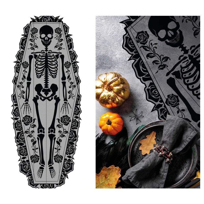 Runner da tavola di Halloween a forma di bara con scheletro e rose effetto pizzo: centrotavola gotico per la tua festa. Su Viano Shop!