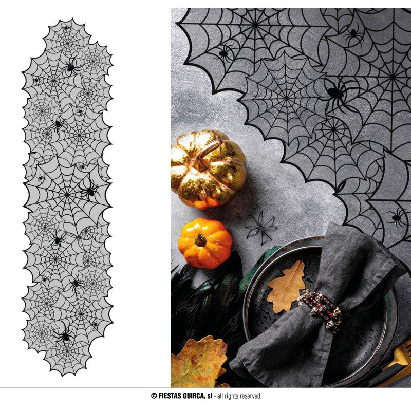 Runner da tavola di Halloween Fiestas Guirca con ragnatele e ragni effetto pizzo: centrotavola gotico per cene e feste. Su Viano Shop!