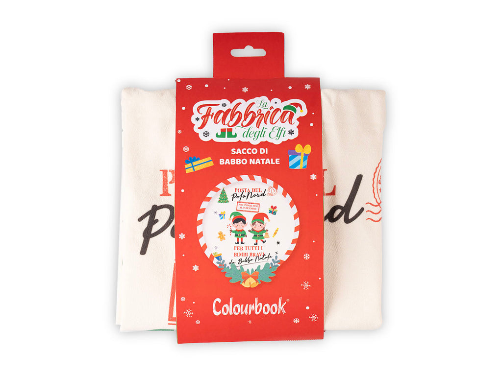Sacco di Babbo Natale Colourbook Fabbrica degli Elfi in tessuto con stampa Posta del Polo Nord: per i regali sotto l’albero. Su Viano Shop!