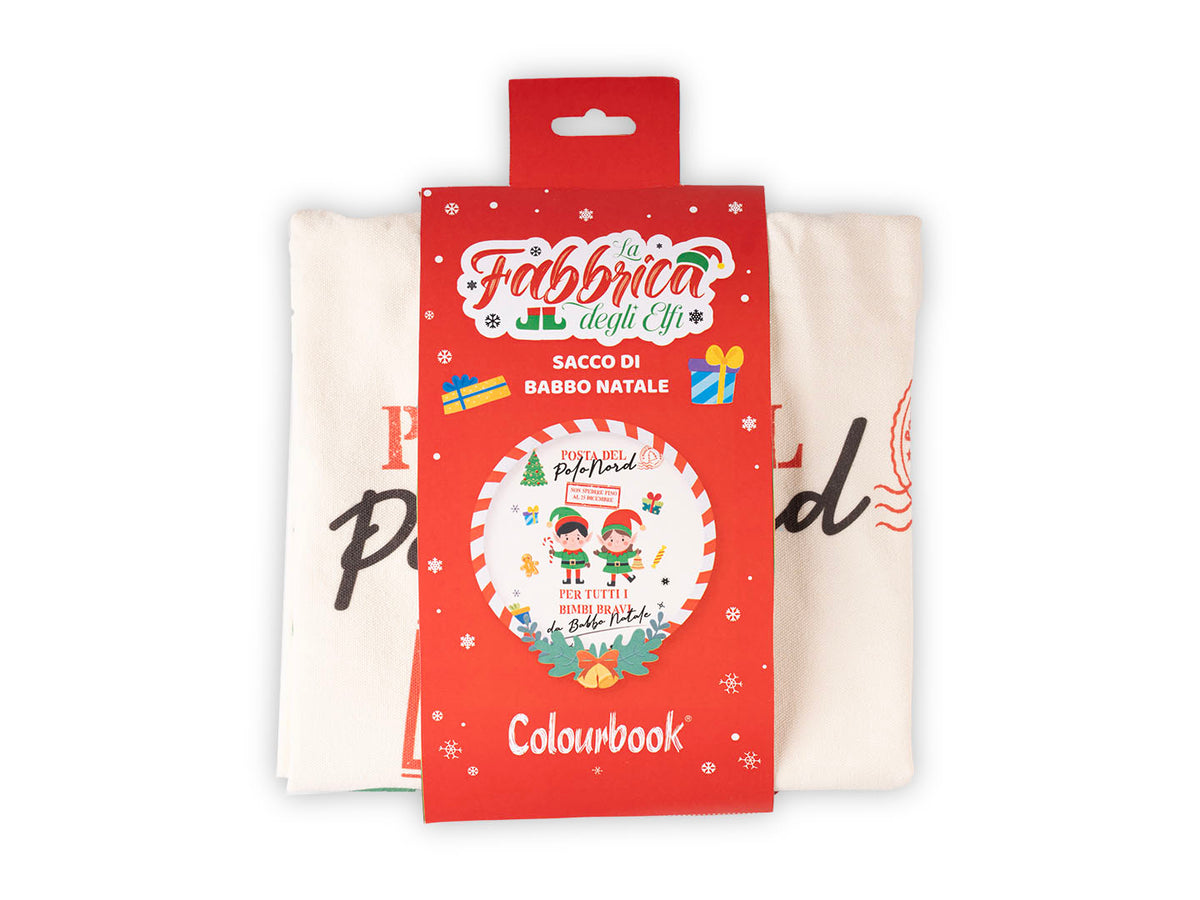 Sacco di Babbo Natale Colourbook Fabbrica degli Elfi in tessuto con stampa Posta del Polo Nord: per i regali sotto l’albero. Su Viano Shop!