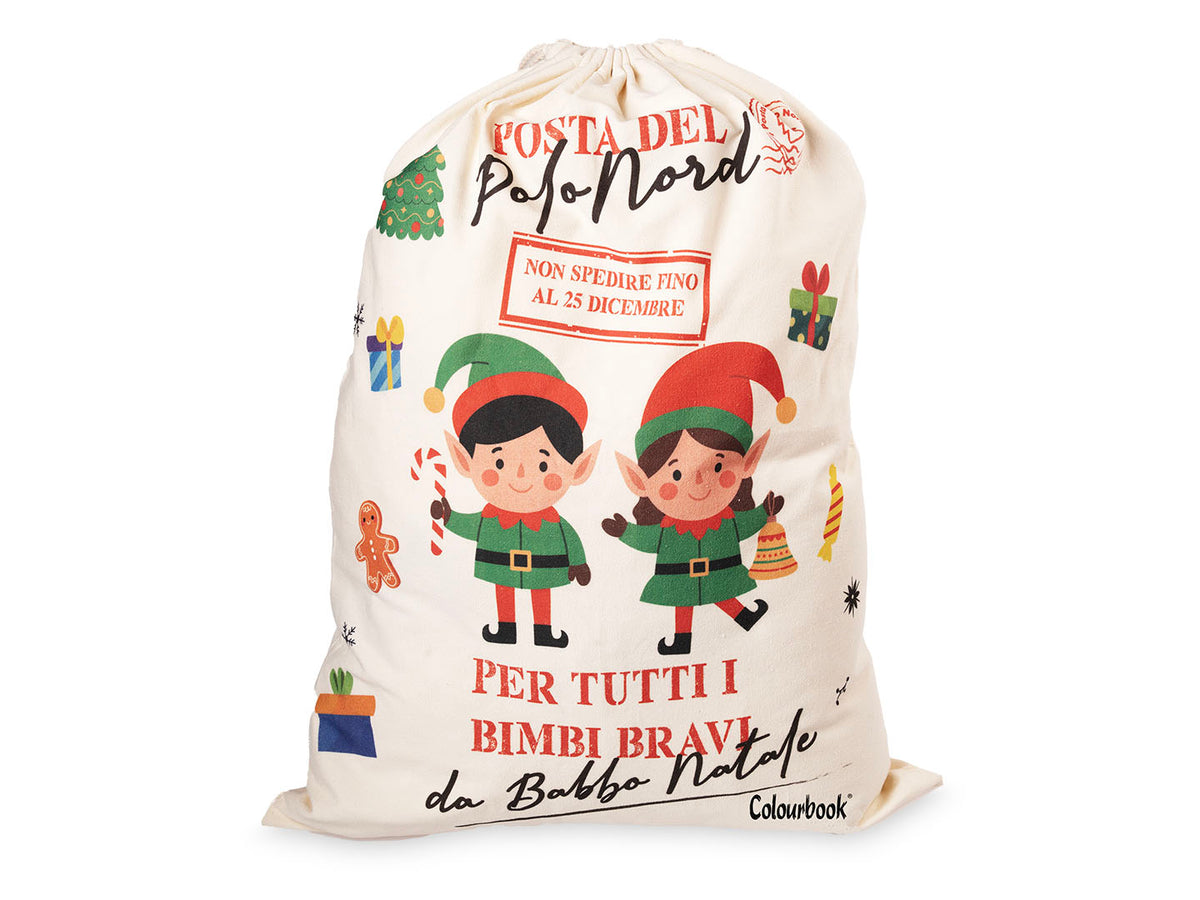 Sacco di Babbo Natale Colourbook Fabbrica degli Elfi in tessuto con stampa Posta del Polo Nord: per i regali sotto l’albero. Su Viano Shop!