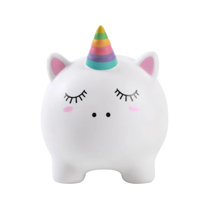 Salvadanaio 3D a forma di unicorno bianco con corno arcobaleno in PVC