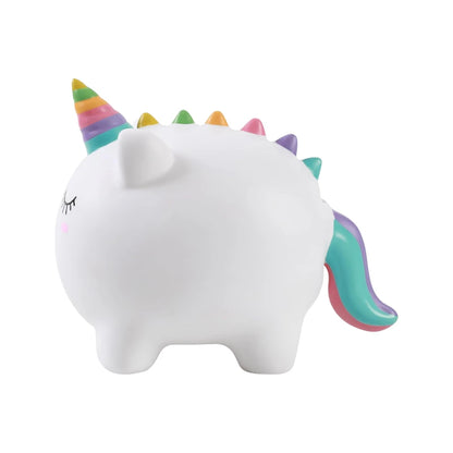 Salvadanaio 3D a forma di unicorno bianco con corno arcobaleno in PVC
