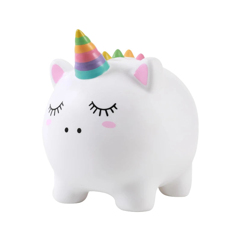Salvadanaio 3D a forma di unicorno bianco con corno arcobaleno in PVC