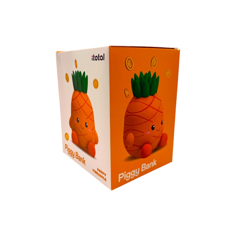 Salvadanaio ananas I-Total Piggy Bank "Poppy Pineapple" — PVC morbido kawaii, faccina sorridente, foglie verdi. Regalo originale per bambini. 