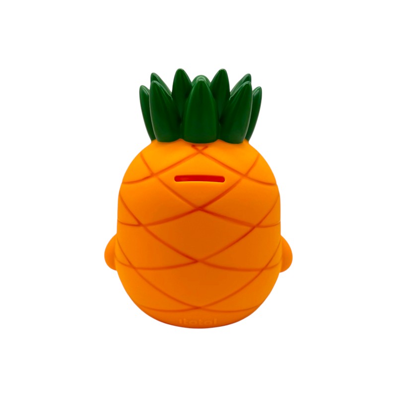 Salvadanaio ananas I-Total Piggy Bank "Poppy Pineapple" — PVC morbido kawaii, faccina sorridente, foglie verdi. Regalo originale per bambini. 