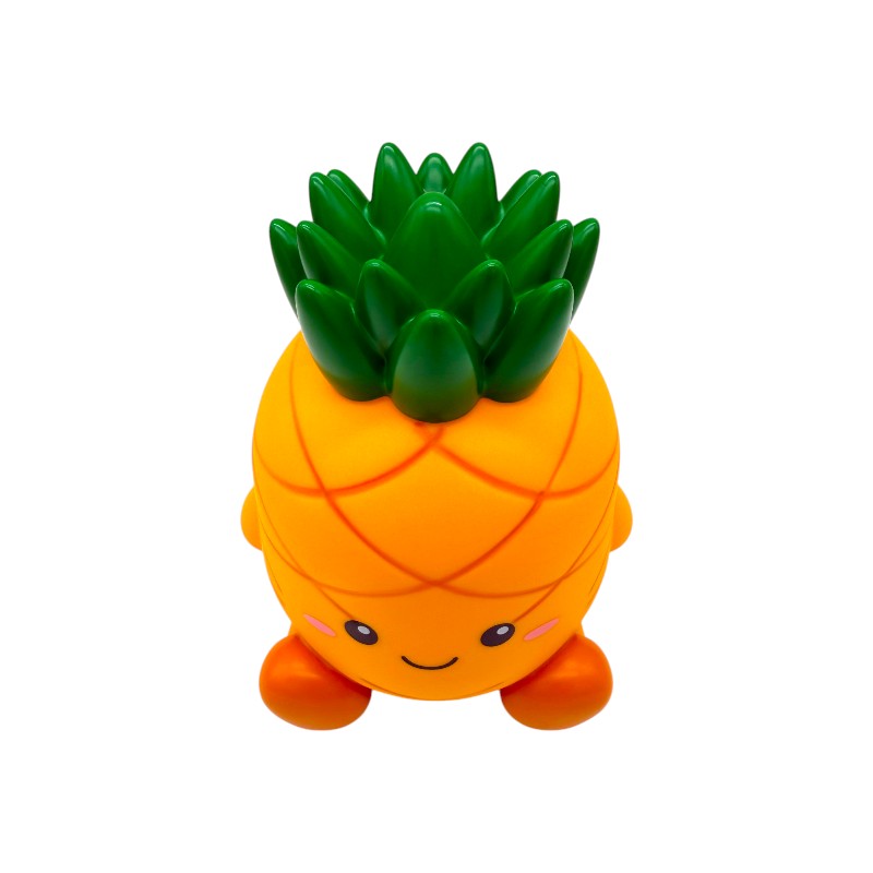 Salvadanaio ananas I-Total Piggy Bank "Poppy Pineapple" — PVC morbido kawaii, faccina sorridente, foglie verdi. Regalo originale per bambini. 