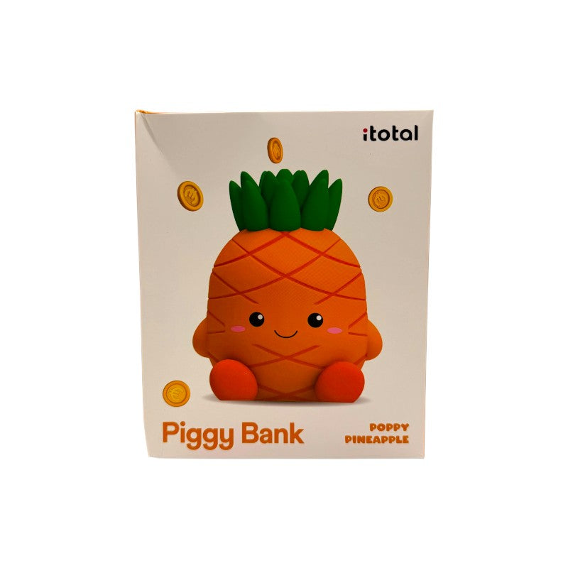 Salvadanaio ananas I-Total Piggy Bank "Poppy Pineapple" — PVC morbido kawaii, faccina sorridente, foglie verdi. Regalo originale per bambini. 