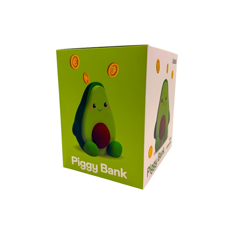 Salvadanaio avocado I-Total Piggy Bank "Ava Avocado" — PVC morbido kawaii, verde brillante, faccina sorridente. Regalo originale per bambini.