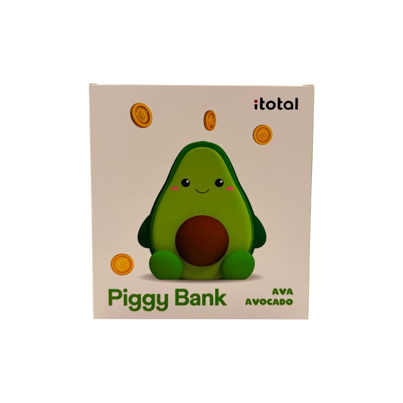 Salvadanaio avocado I-Total Piggy Bank "Ava Avocado" — PVC morbido kawaii, verde brillante, faccina sorridente. Regalo originale per bambini.