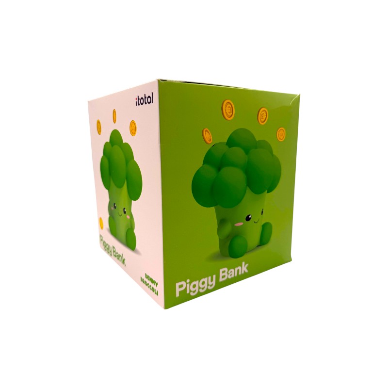 Salvadanaio broccolo I-Total Piggy Bank "Benny Broccoli" — PVC morbido kawaii, verde brillante, faccina sorridente. Regalo originale per bambini.